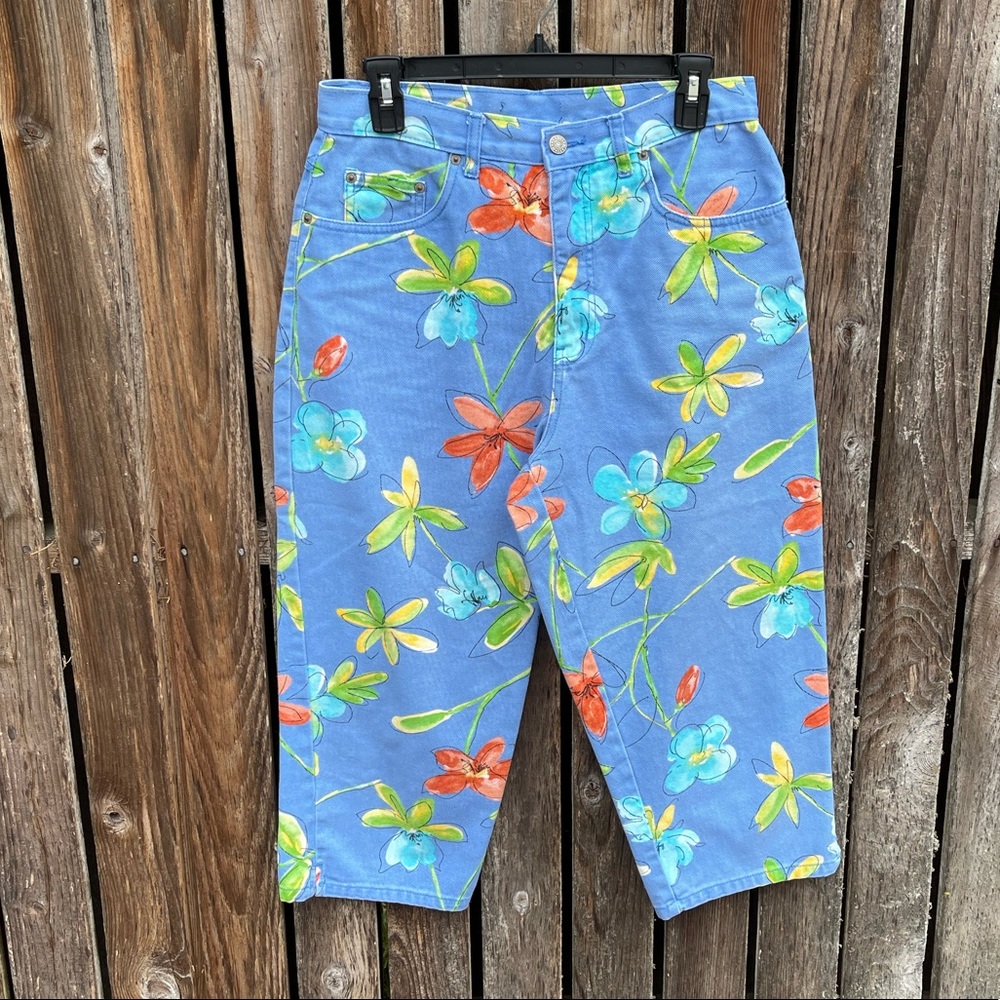 Vintage 90s Bill Blass Capri Mom Jeans Blue Floral High Waist Floral Flowers